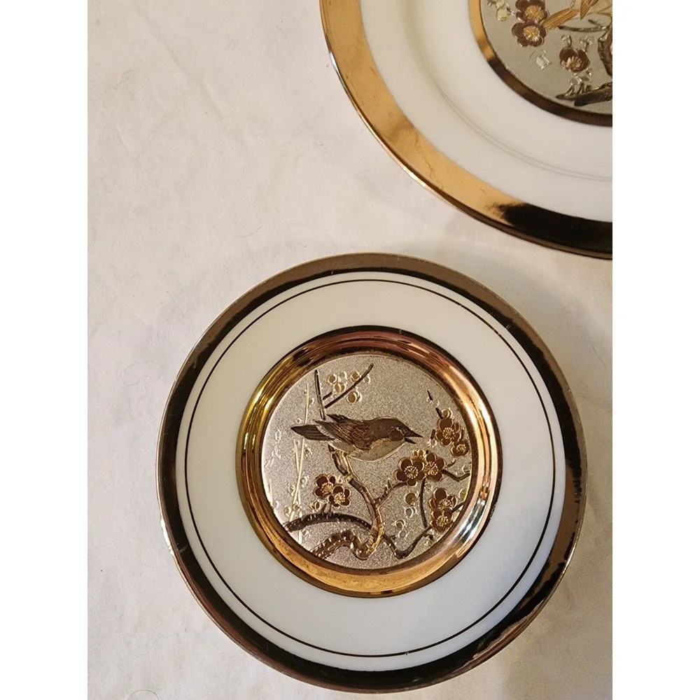 The Art Of‎ Chokin 24 Kt Gold Edge Plate Set Of 3 Birds And Flowers EUC
